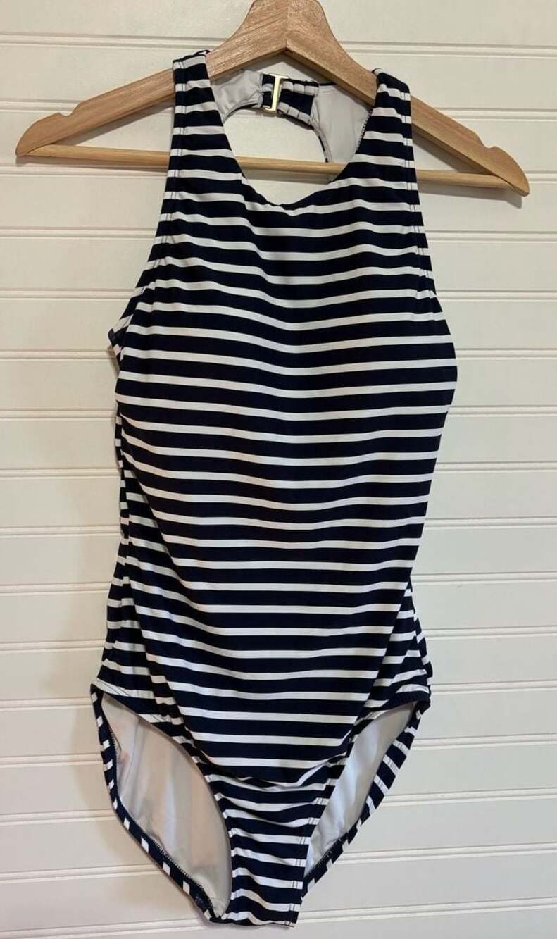 Nautical Lands' End Women's Navy and White Striped High-Neck One-Piece Swimsuit
